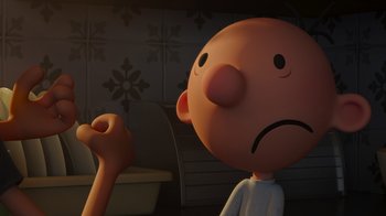 Movie still from “Diary of a Wimpy Kid: Rodrick Rules” (2022), directed by Gino Nichele – A cartoon of a man with a hand raised to his face; Extreme Close Up shot, Low angle