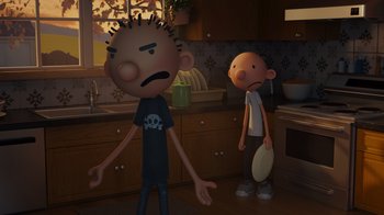 Movie still from “Diary of a Wimpy Kid: Rodrick Rules” (2022), directed by Gino Nichele – Two cartoon characters standing in a kitchen next to each other; Medium shot, High angle