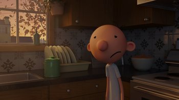 Movie still from “Diary of a Wimpy Kid: Rodrick Rules” (2022), directed by Gino Nichele – A cartoon character is standing in a kitchen; Medium shot, Over the shoulder angle