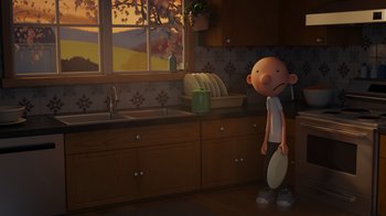 Movie still from “Diary of a Wimpy Kid: Rodrick Rules” (2022), directed by Gino Nichele – A cartoon character standing in a kitchen holding a frisbee; Wide shot, High angle