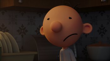 Movie still from “Diary of a Wimpy Kid: Rodrick Rules” (2022), directed by Gino Nichele – A cartoon character with a frowning look on his face; Close Up shot, Low angle