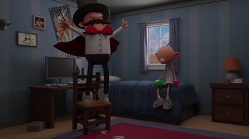 Movie still from “Diary of a Wimpy Kid: Rodrick Rules” (2022), directed by Gino Nichele – Two cartoon characters in a living room with a couch and a bed in the background; Wide shot, Low angle