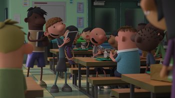 Movie still from “Diary of a Wimpy Kid: Rodrick Rules” (2022), directed by Gino Nichele – A group of people sitting at tables in a room; Wide shot, Over the shoulder angle