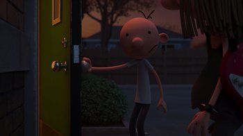 Movie still from “Diary of a Wimpy Kid: Rodrick Rules” (2022), directed by Gino Nichele – A cartoon of a person standing in front of a door; Medium shot, Over the shoulder angle