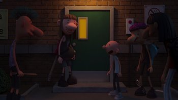 Movie still from “Diary of a Wimpy Kid: Rodrick Rules” (2022), directed by Gino Nichele – A group of cartoon characters standing in front of a door; Wide shot, Over the shoulder angle
