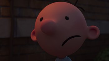 Movie still from “Diary of a Wimpy Kid: Rodrick Rules” (2022), directed by Gino Nichele – A cartoon character with a frowning face; Close Up shot, Low angle