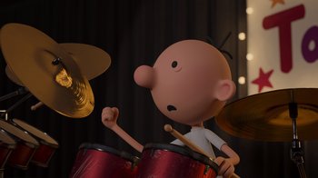 Movie still from “Diary of a Wimpy Kid: Rodrick Rules” (2022), directed by Gino Nichele – A cartoon of a man playing drums with cymbals; Close Up shot, Over the shoulder angle