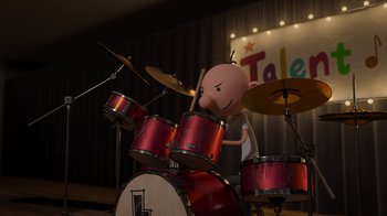 Movie still from “Diary of a Wimpy Kid: Rodrick Rules” (2022), directed by Gino Nichele – A person playing drums in front of a microphone; Wide shot, High angle