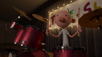 Movie still from “Diary of a Wimpy Kid: Rodrick Rules” (2022), directed by Gino Nichele – A cartoon character is playing drums in front of a crowd; Medium shot, High angle