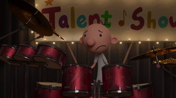 Movie still from “Diary of a Wimpy Kid: Rodrick Rules” (2022), directed by Gino Nichele – A cartoon of a person playing drums in front of a talent show sign; Medium shot, High angle