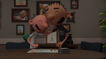 Movie still from “Diary of a Wimpy Kid: Rodrick Rules” (2022), directed by Gino Nichele – A cartoon of two people holding each other's hands; Medium shot, High angle