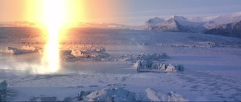 Movie still from “Die Another Day” (2002), directed by Lee Tamahori – The sun is setting over a frozen lake; Extreme Wide shot, High angle