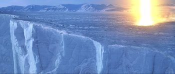 Movie still from “Die Another Day” (2002), directed by Lee Tamahori – A view of the ocean from the top of an ice cliff; Extreme Wide shot, High angle