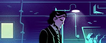 Movie still from “Die in a Gunfight” (2021), directed by Collin Schiffli – A man in a suit and tie standing in front of a wall; Close Up shot, Over the shoulder angle