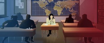 Movie still from “Die in a Gunfight” (2021), directed by Collin Schiffli – A woman sitting at a desk in front of a world map; Wide shot, High angle