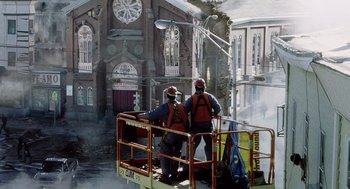 Movie still from “War of the Worlds” (2005), directed by Steven Spielberg – A painting of two firemen on a platform; Extreme Wide shot, Low angle