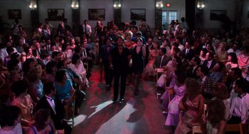 Movie still from “Dirty Dancing” (1987), directed by Emile Ardolino – A group of people are gathered in a room; Wide shot, High angle