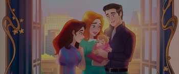 Movie still from “Disenchanted” (2022), directed by Adam Shankman – A group of people standing next to each other holding a baby; Medium shot, High angle