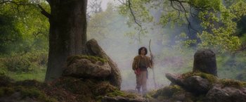 Movie still from “Disenchanted” (2022), directed by Adam Shankman – A person in a forest holding a stick; Wide shot, Low angle