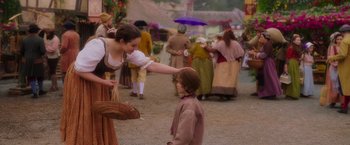 Movie still from “Disenchanted” (2022), directed by Adam Shankman – A young boy and a young woman in a medieval costume; Medium shot, Over the shoulder angle