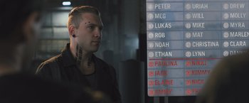 Movie still from “Divergent” (2014), directed by Neil Burger – A man standing in front of a bunch of street signs; Close Up shot, Over the shoulder angle