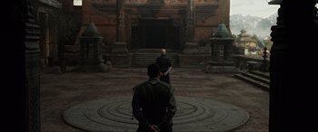 Movie still from “Doctor Strange” (2016), directed by Scott Derrickson – Two men are standing in an empty room; Wide shot, High angle