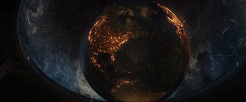 Movie still from “Doctor Strange” (2016), directed by Scott Derrickson – A view of the earth at night from outer space; Extreme Wide shot, High angle