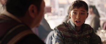Movie still from “Doctor Strange in the Multiverse of Madness” (2022), directed by Sam Raimi – A man and a woman sitting in front of each other; Close Up shot, Over the shoulder angle