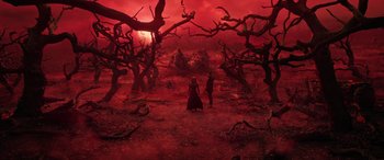 Movie still from “Doctor Strange in the Multiverse of Madness” (2022), directed by Sam Raimi – Two people are standing in a field of dead trees; Extreme Wide shot, High angle