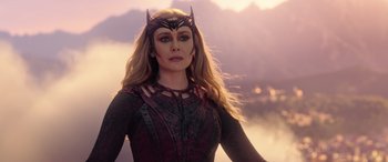 Movie still from “Doctor Strange in the Multiverse of Madness” (2022), directed by Sam Raimi – A person with long blonde hair; Close Up shot, Over the shoulder angle