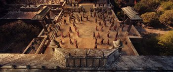 Movie still from “Doctor Strange in the Multiverse of Madness” (2022), directed by Sam Raimi – An aerial view of a group of people standing in a circle; Extreme Wide shot, High angle