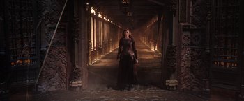 Movie still from “Doctor Strange in the Multiverse of Madness” (2022), directed by Sam Raimi – A woman dressed in medieval clothing stands in a hallway; Wide shot, High angle