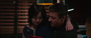 Movie still from “Wind River” (2017), directed by Taylor Sheridan – A man and a woman sitting next to each other; Medium shot, Over the shoulder angle