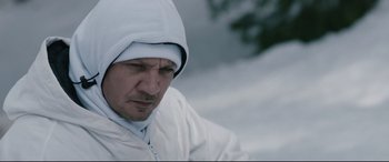 Movie still from “Wind River” (2017), directed by Taylor Sheridan – A person wearing a white jacket; Close Up shot, Over the shoulder angle
