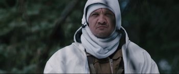 Movie still from “Wind River” (2017), directed by Taylor Sheridan – A person wearing a hood; Close Up shot, Low angle