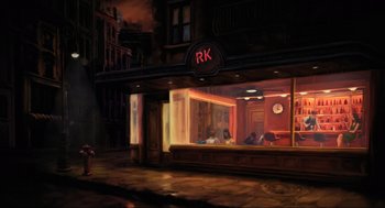 Movie still from “Dolittle” (2020), directed by Stephen Gaghan – An oil painting of people sitting at a restaurant window; Extreme Wide shot, High angle