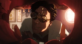 Movie still from “Dolittle” (2020), directed by Stephen Gaghan – A man wearing a white jacket and a pair of glasses; Close Up shot, Overhead angle