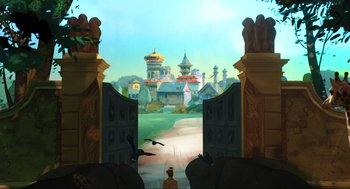 Movie still from “Dolittle” (2020), directed by Stephen Gaghan – An open gate leading to a castle with birds flying around; Extreme Wide shot, High angle