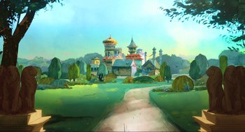 Movie still from “Dolittle” (2020), directed by Stephen Gaghan – An artistic painting of a town with a road leading to it; Extreme Wide shot, Low angle