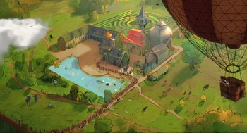 Movie still from “Dolittle” (2020), directed by Stephen Gaghan – An aerial view of a town with a pond and many buildings; Extreme Wide shot, High angle