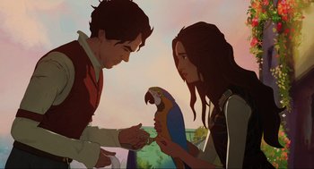 Movie still from “Dolittle” (2020), directed by Stephen Gaghan – A man and a woman are holding a parrot; Medium shot, Over the shoulder angle