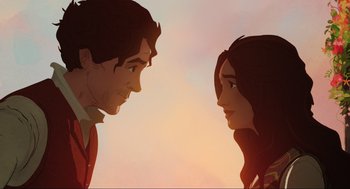 Movie still from “Dolittle” (2020), directed by Stephen Gaghan – A man and a woman looking at one another; Close Up shot, Over the shoulder angle