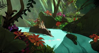 Movie still from “Dolittle” (2020), directed by Stephen Gaghan – An animated scene of a woman and a man riding an elephant in the water; Extreme Wide shot, Overhead angle