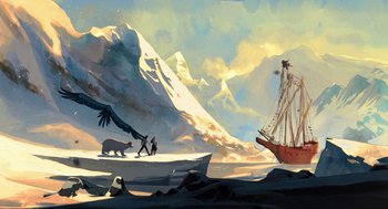 Movie still from “Dolittle” (2020), directed by Stephen Gaghan – An illustration of a ship and a polar bear in the snow; Extreme Wide shot, Low angle