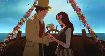 Movie still from “Dolittle” (2020), directed by Stephen Gaghan – A man and a woman holding hands in front of a steering wheel; Medium shot, Overhead angle