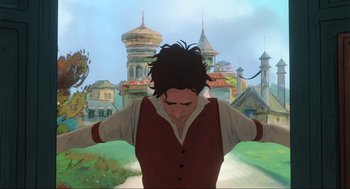 Movie still from “Dolittle” (2020), directed by Stephen Gaghan – An animated picture of a man with his hands behind his head; Medium shot, Low angle