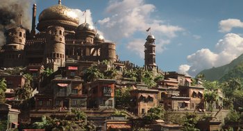 Movie still from “Dolittle” (2020), directed by Stephen Gaghan – An image of a city with a lot of buildings on top of it; Extreme Wide shot, High angle