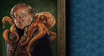 Movie still from “Dolittle” (2020), directed by Stephen Gaghan – A painting of an old man with an octopus on his shoulder; Close Up shot, Low angle