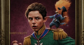 Movie still from “Dolittle” (2020), directed by Stephen Gaghan – A painting of a boy in a uniform with a squirrel on his shoulder; Medium shot, Low angle