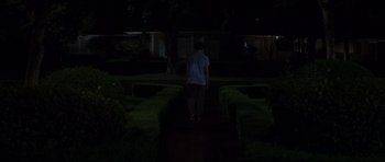 Movie still from “Donnie Darko” (2001), directed by Richard Kelly – A man standing on a path in the middle of the night; Wide shot, High angle